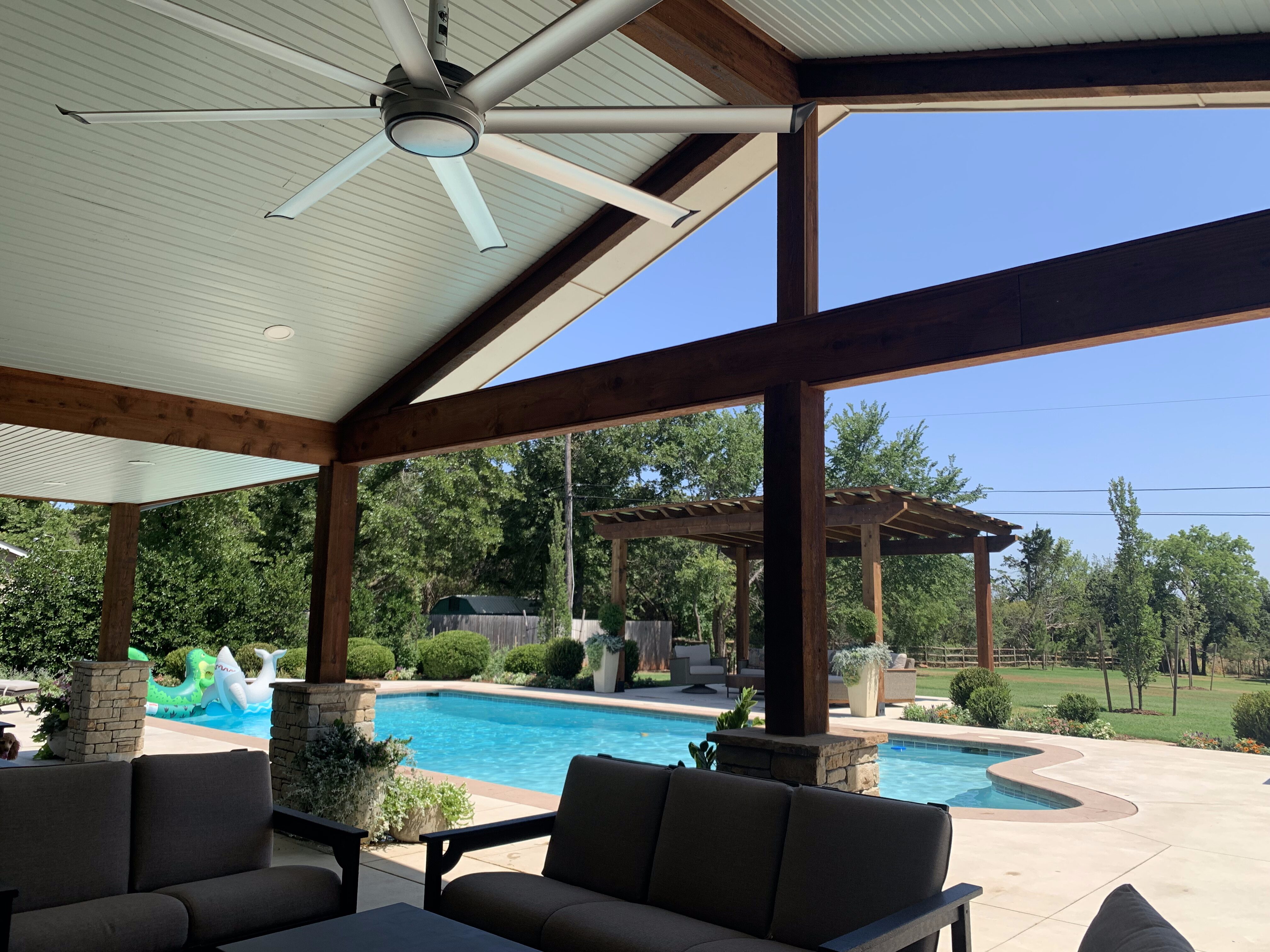 Covered backyard living area with pool and pergola