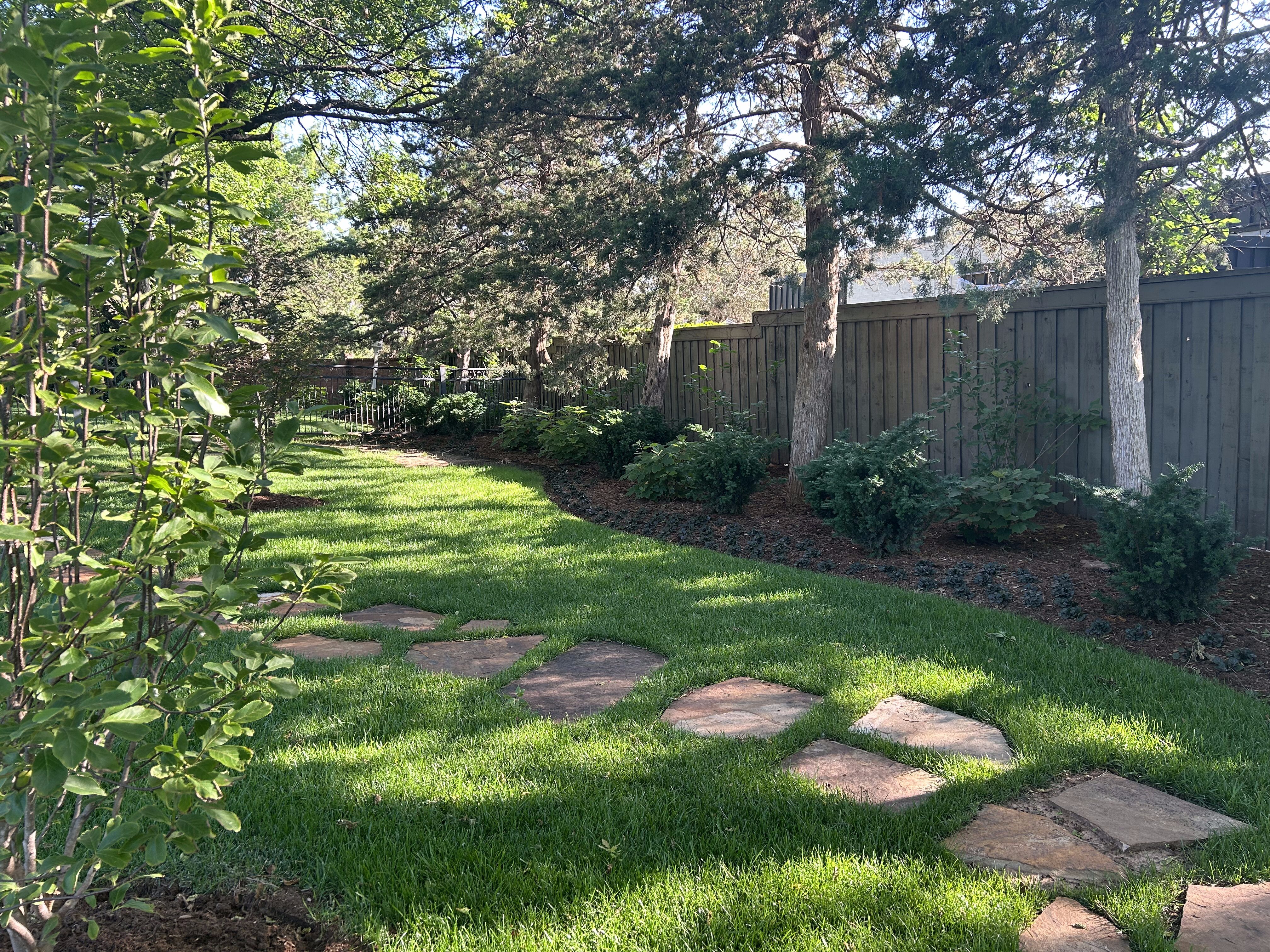 Backyard with tall trees, rock pavers and greenery