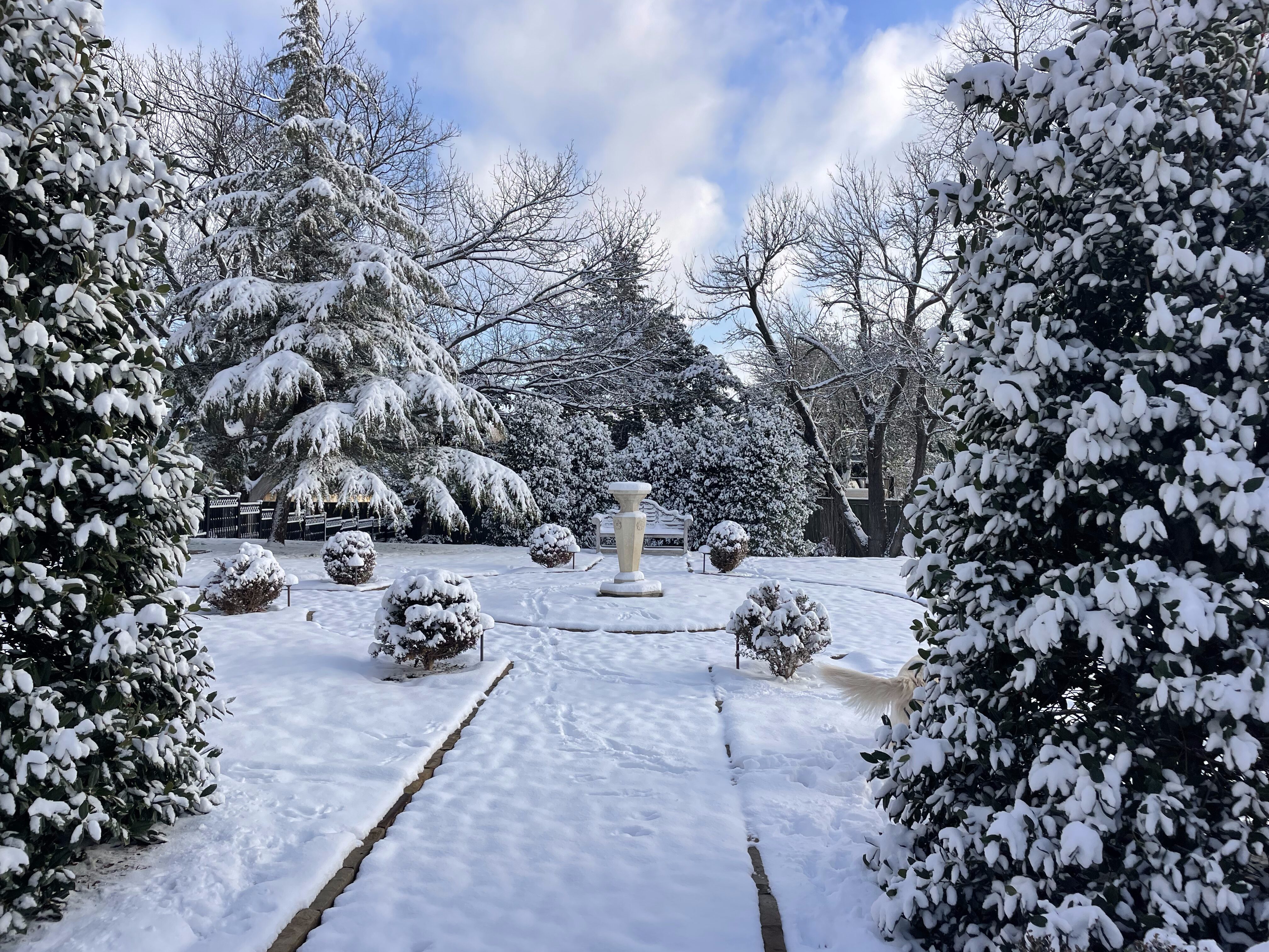 Snowy view of courtyard with classic English landscaping