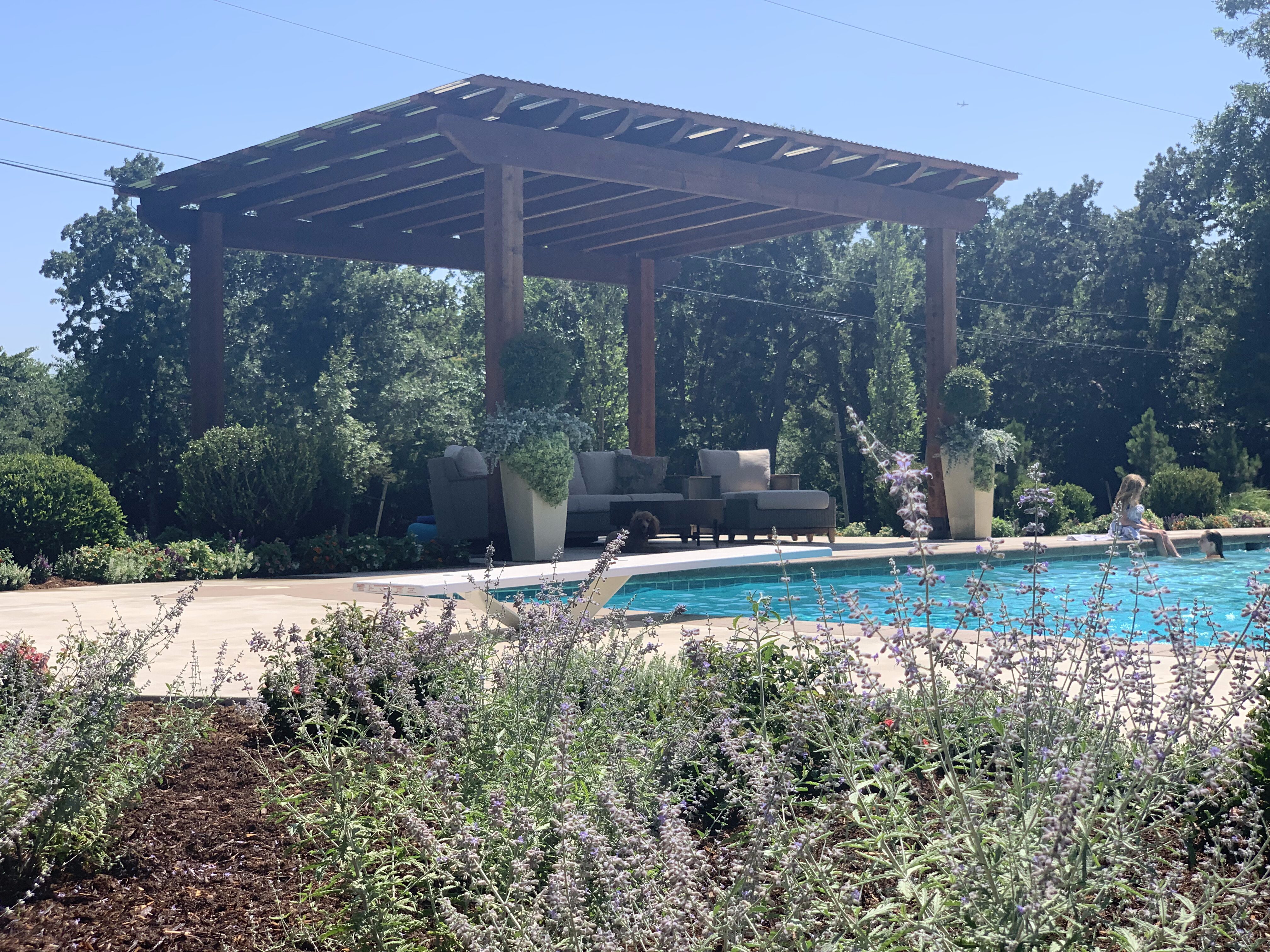 Backyard pool and pergola area surrounded by shrubs