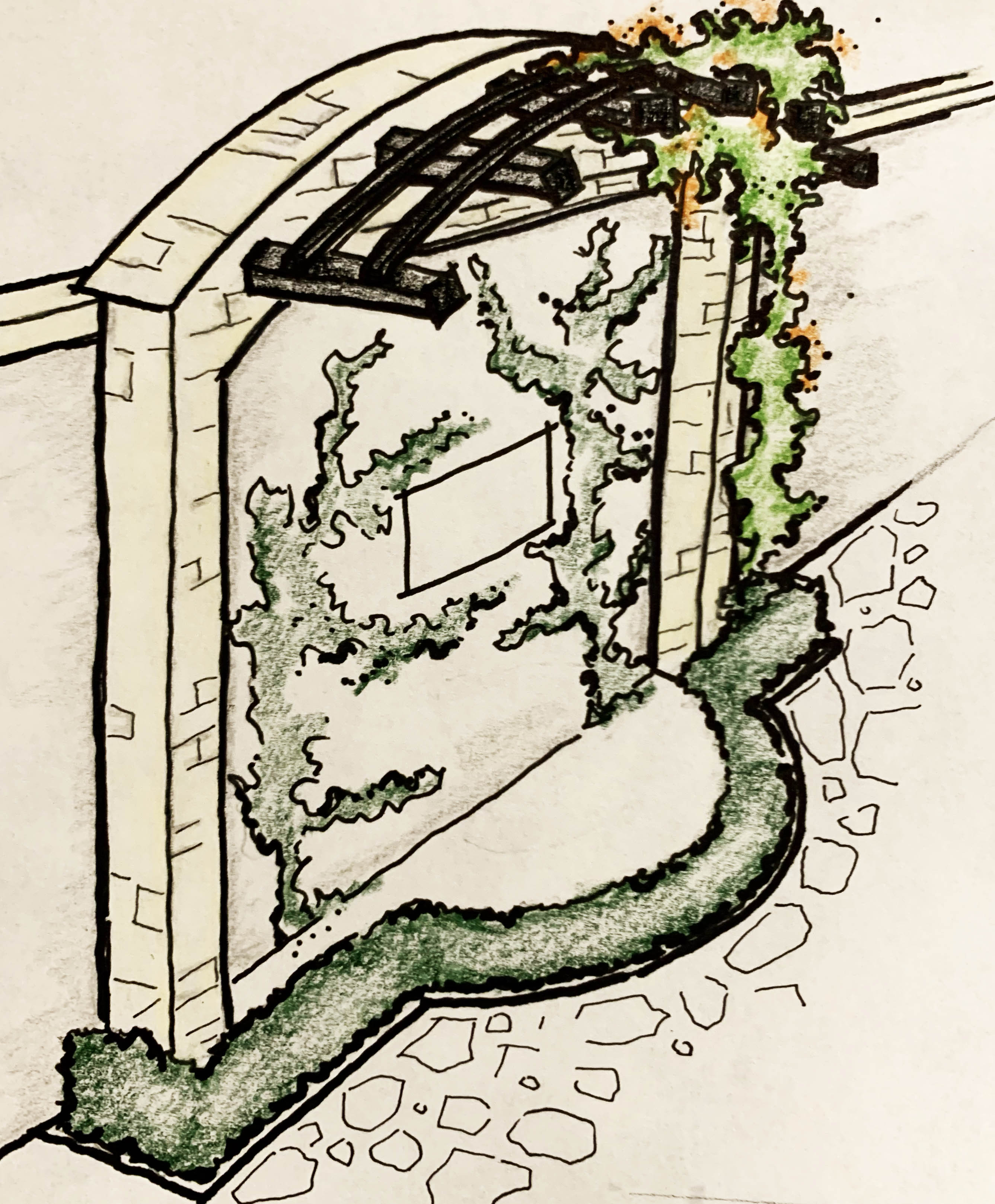 Arched trellis drawings featuring landscaping plants and flagstone pavers