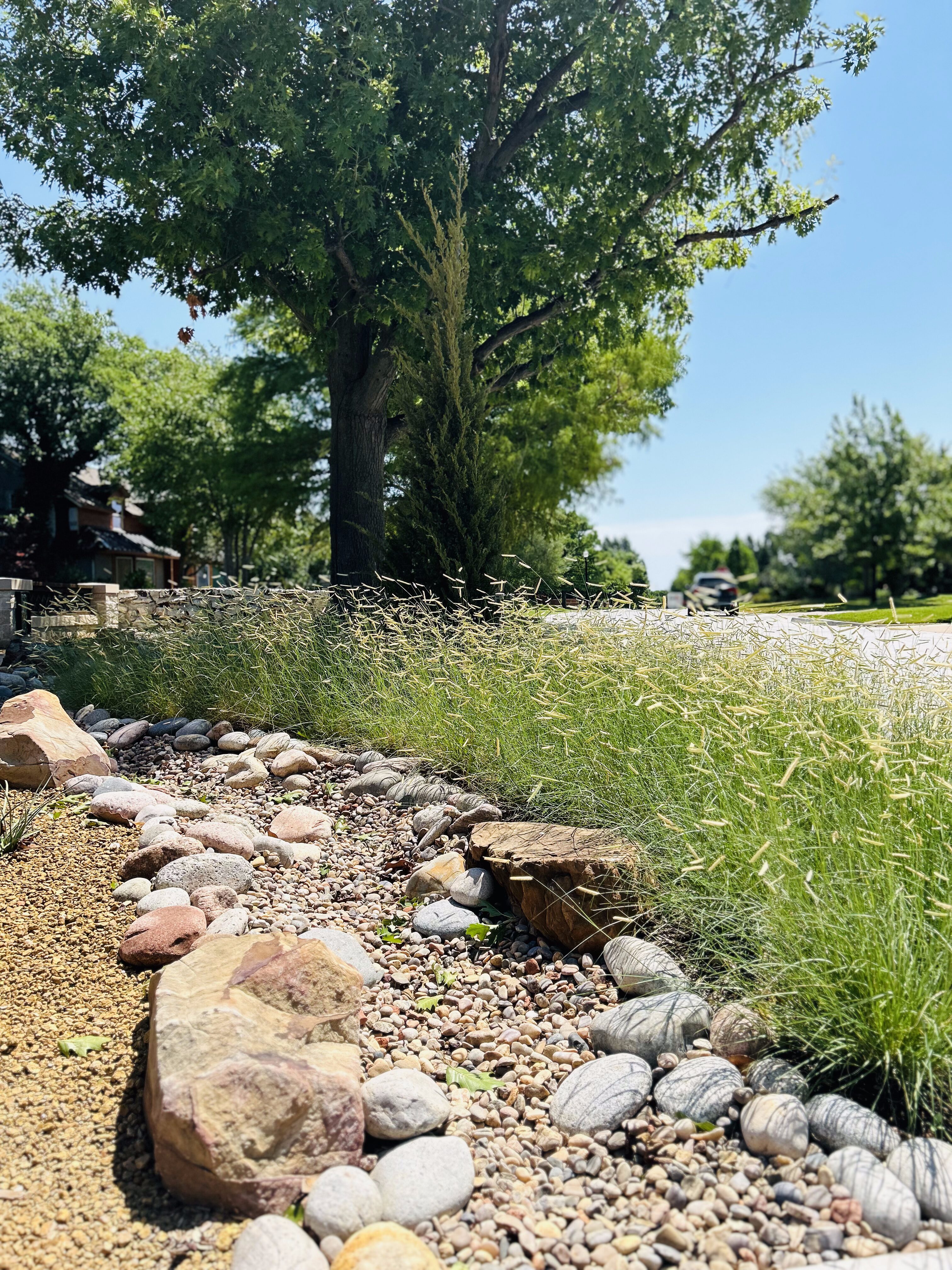 Oklahoma friendly grasses with river rock creek